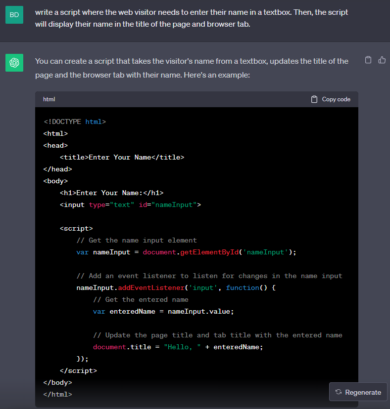 Second Screenshot of chatGPT